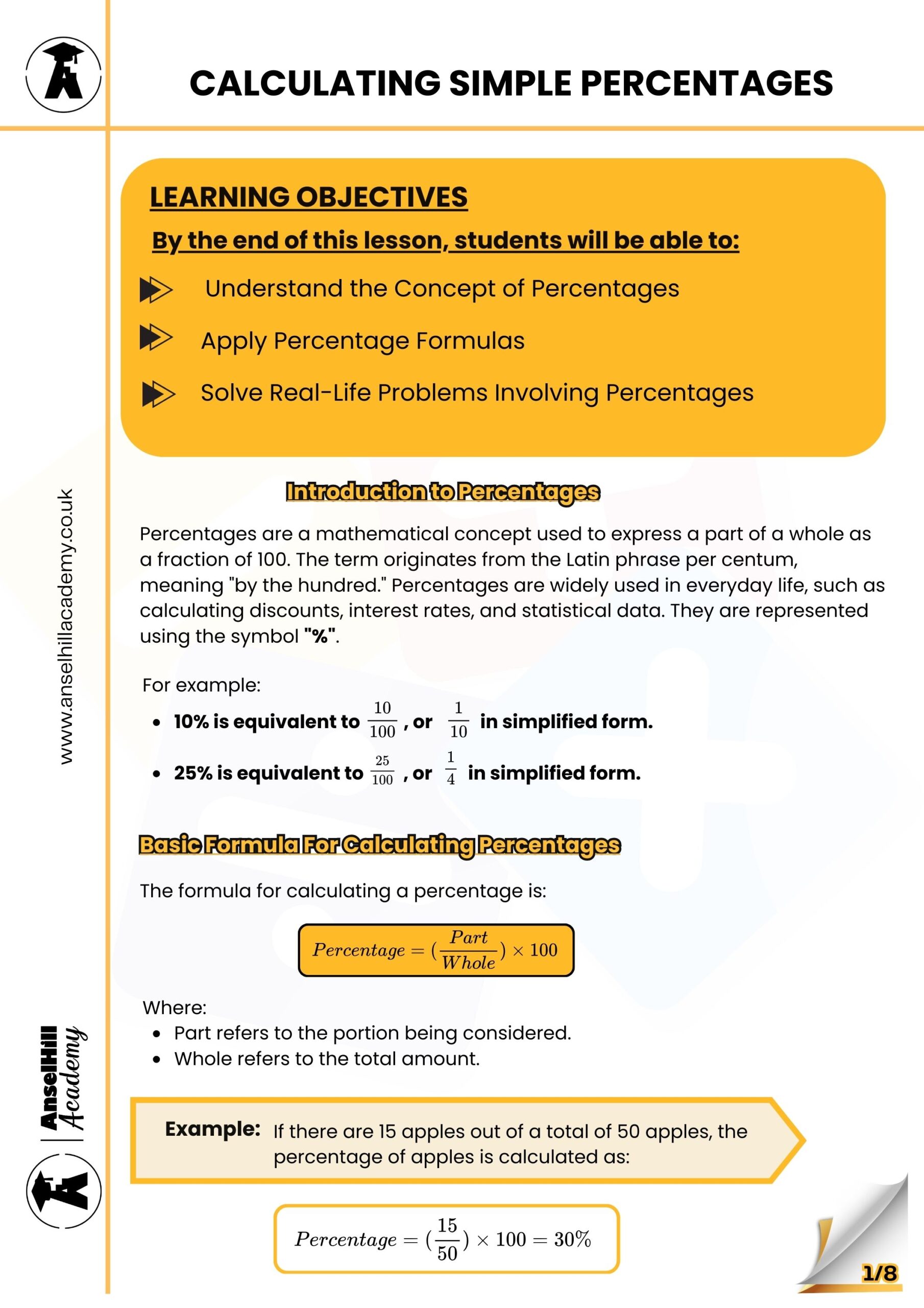 Calculating Simple Percentages – Anselhill Academy Resources