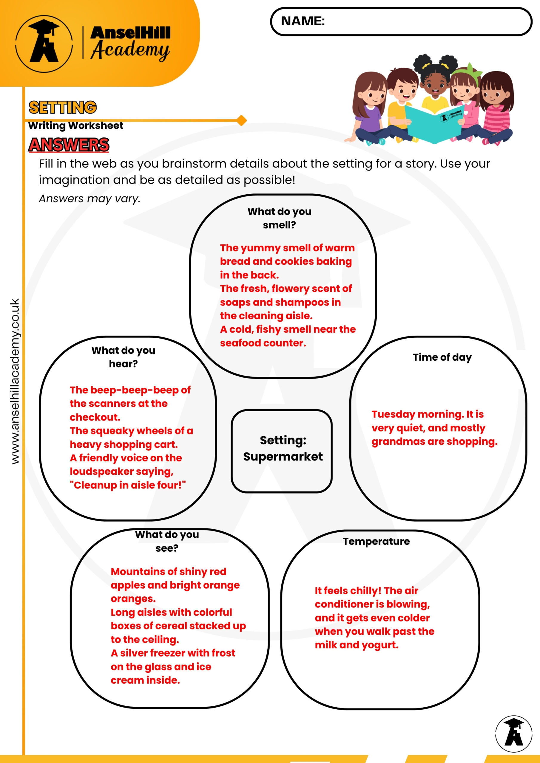 Story Setting Brainstorming: Supermarket Sensory Worksheet & Answer Key - Image 2