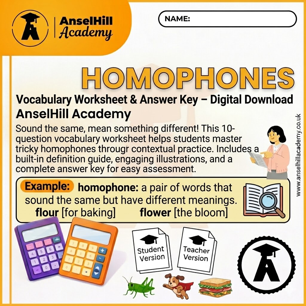 Homophones Vocabulary Worksheet & Answer Key – Digital Download