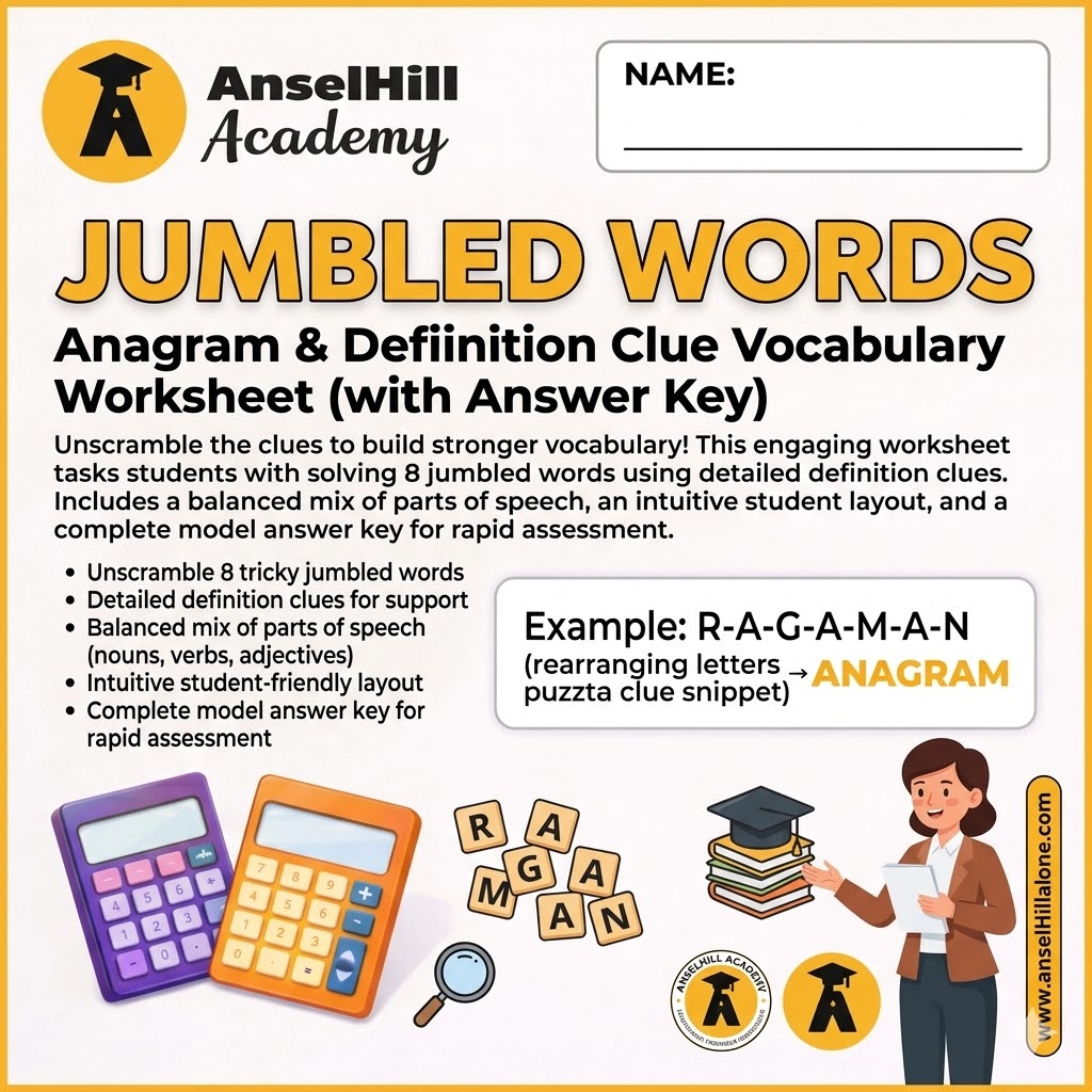 Jumbled Words: Anagram & Definition Clue Vocabulary Worksheet (with Answer Key)