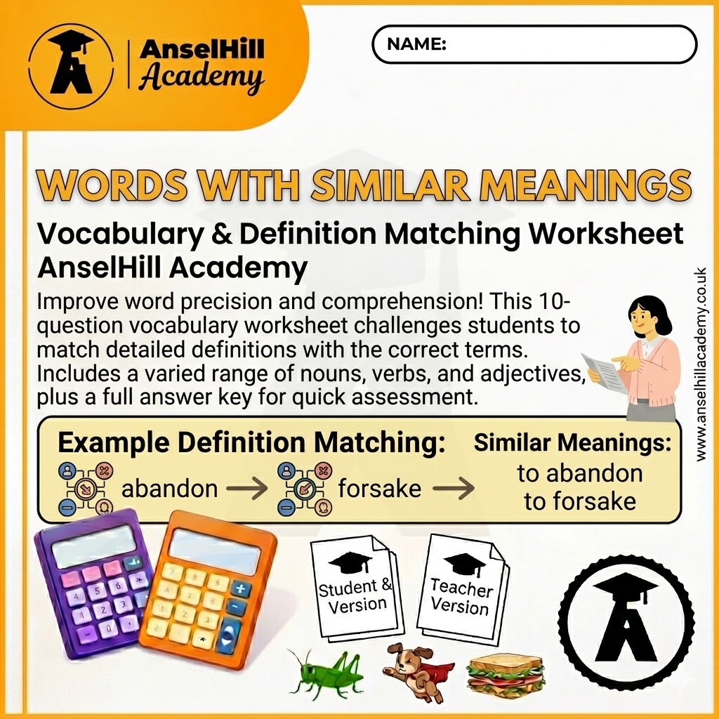 Words with Similar Meanings: Vocabulary & Definition Matching Worksheet