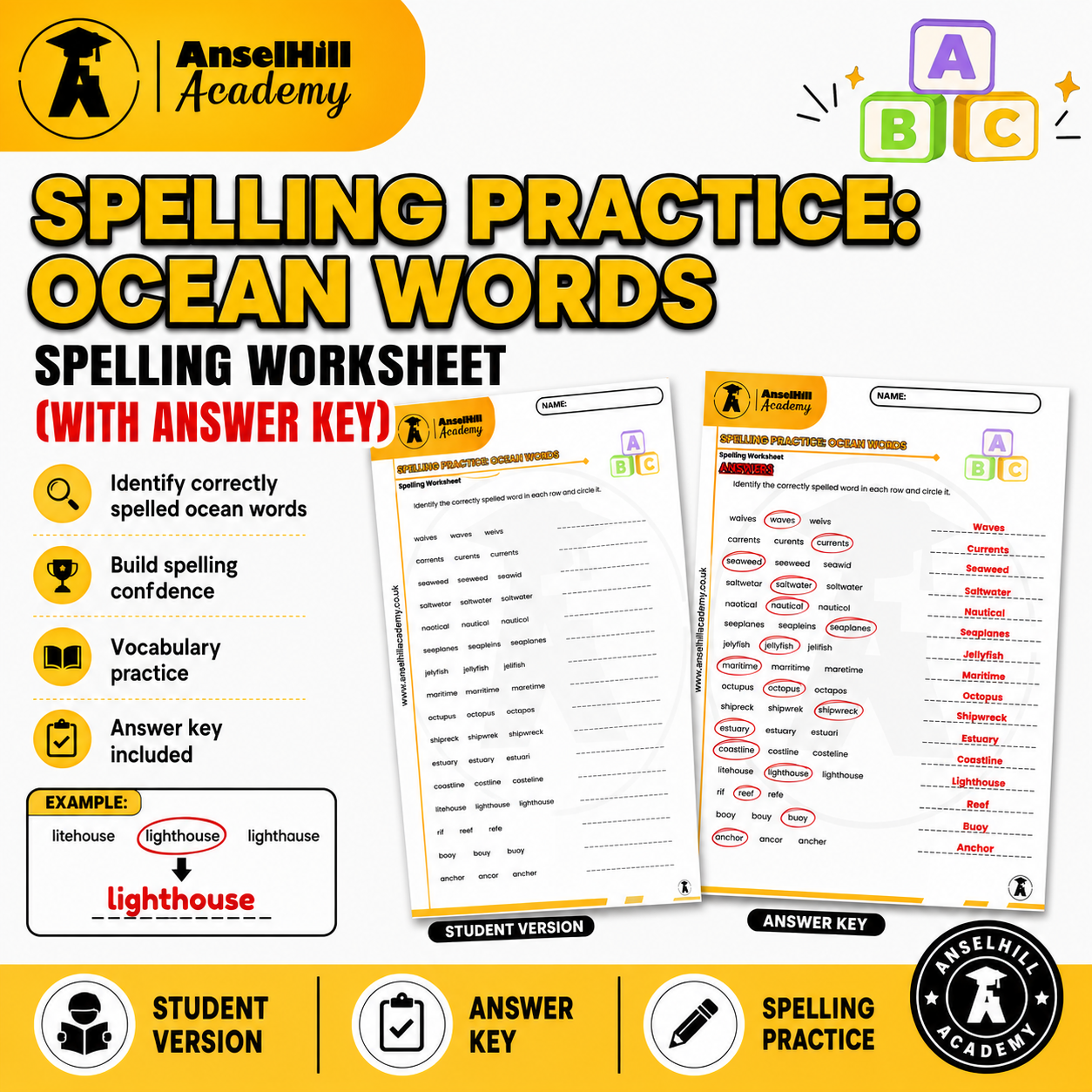 Spelling Practice: Ocean Words Vocabulary Worksheet & Answer Key