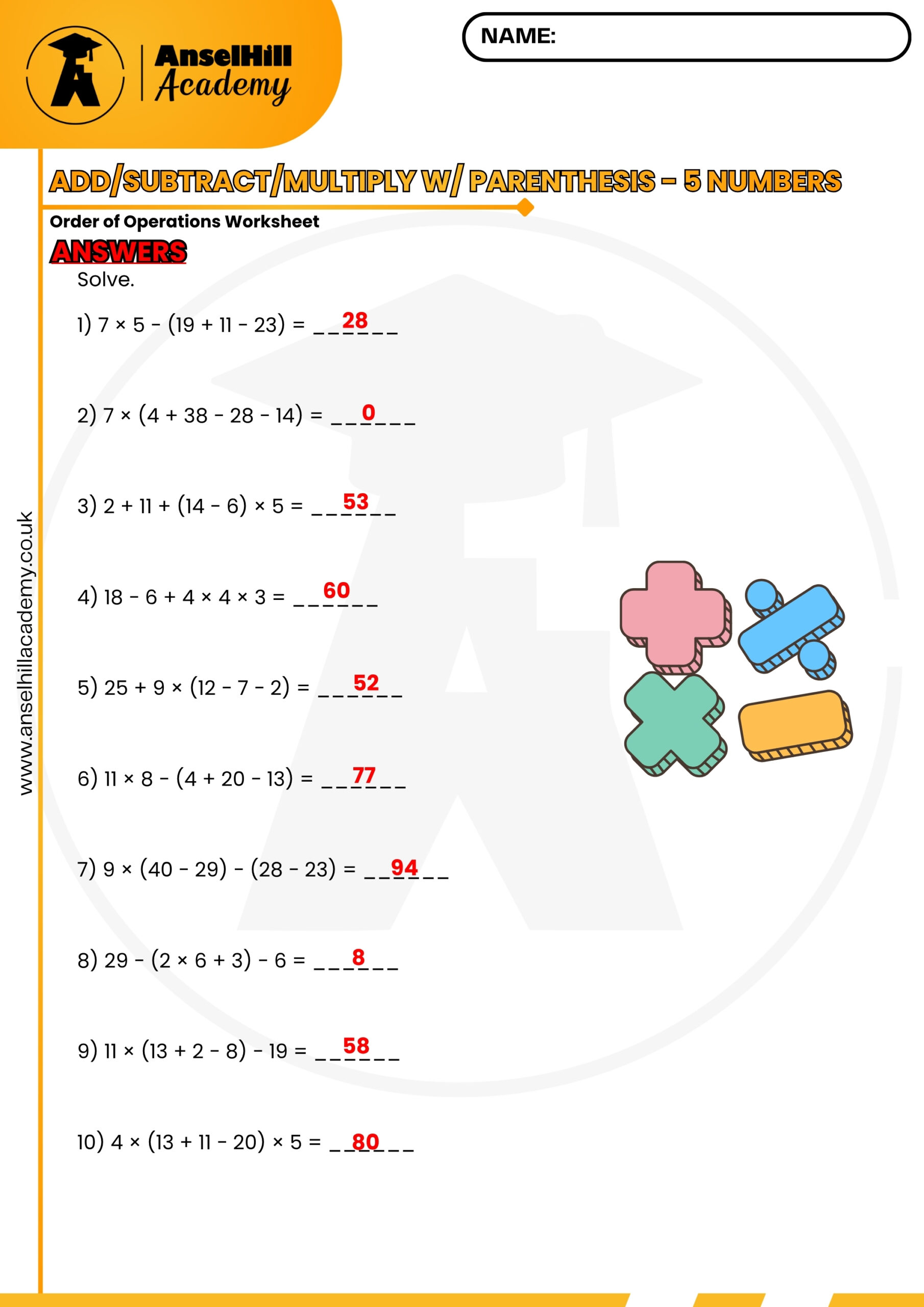 Order of Operations with Parentheses: 5-Number Mixed Arithmetic Worksheet & Answer Key - Image 2