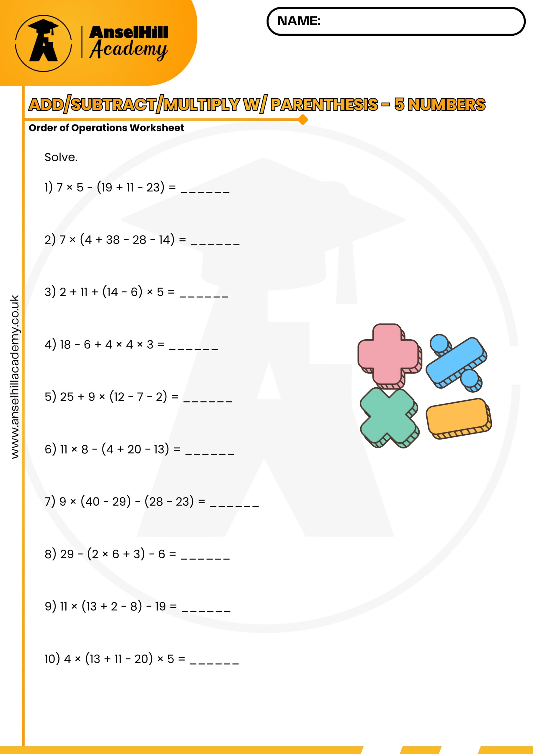 Order of Operations with Parentheses: 5-Number Mixed Arithmetic Worksheet & Answer Key - Image 3