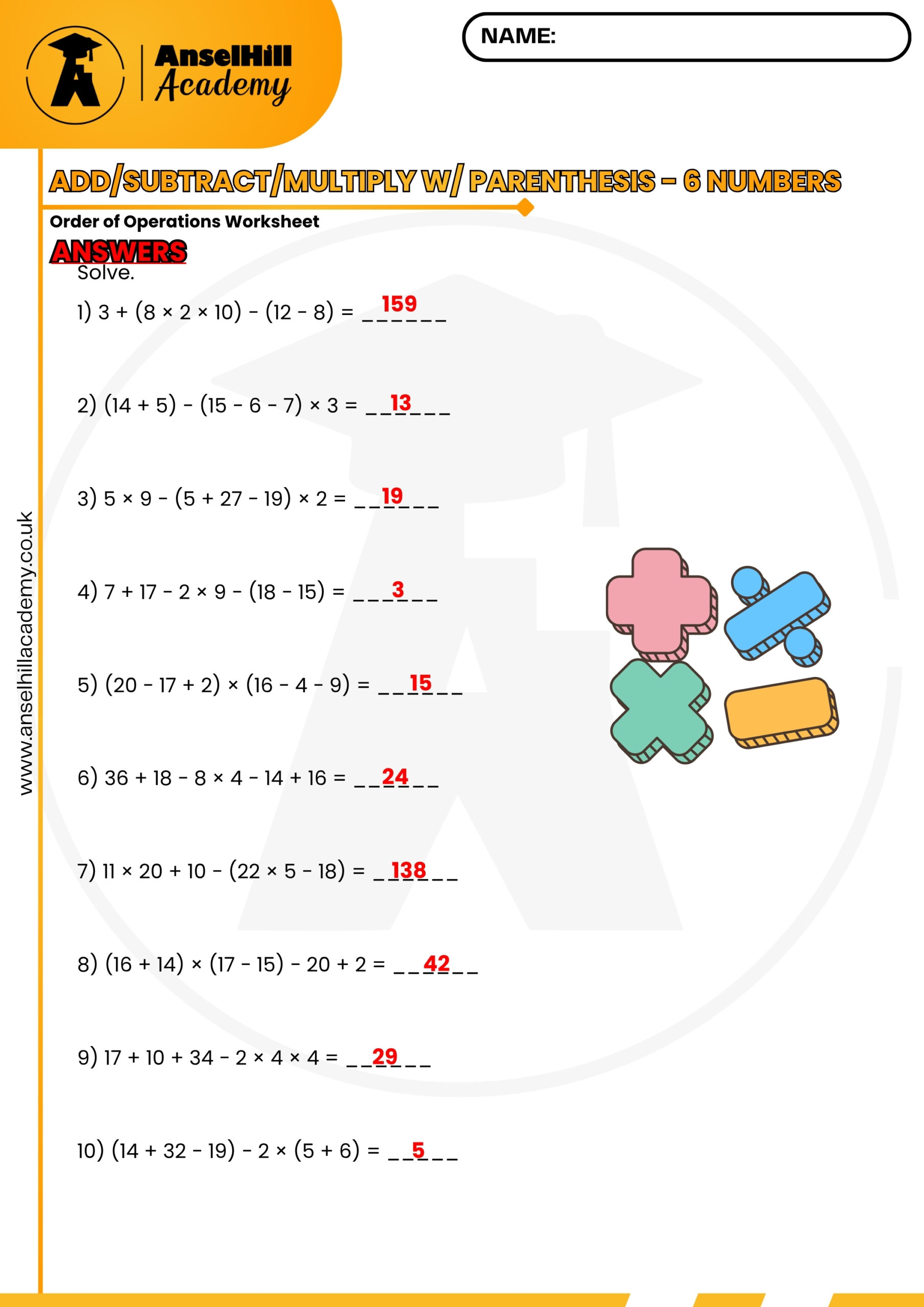 Order of Operations with Parentheses: Multi-Step Mixed Arithmetic Worksheet & Answer Key - Image 2
