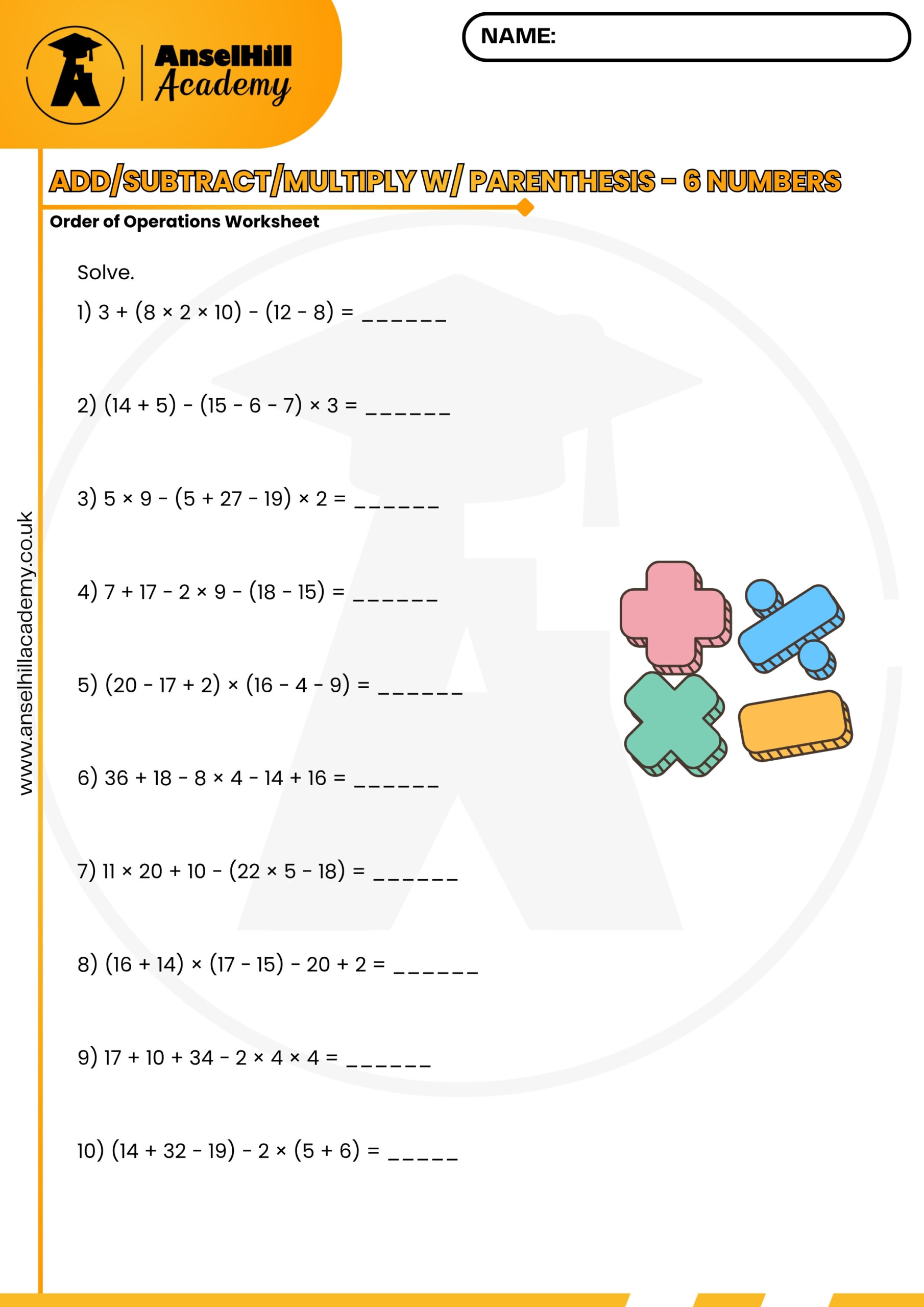 Order of Operations with Parentheses: Multi-Step Mixed Arithmetic Worksheet & Answer Key - Image 3