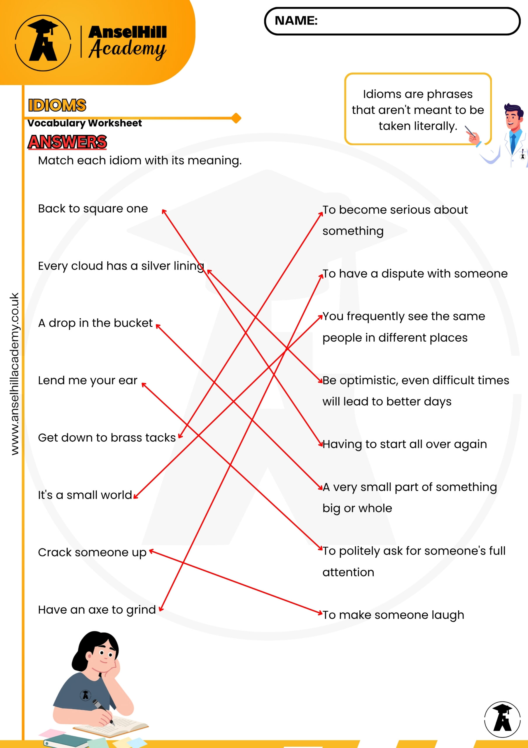 Common English Idioms: Matching Vocabulary Worksheet & Answer Key - Image 3