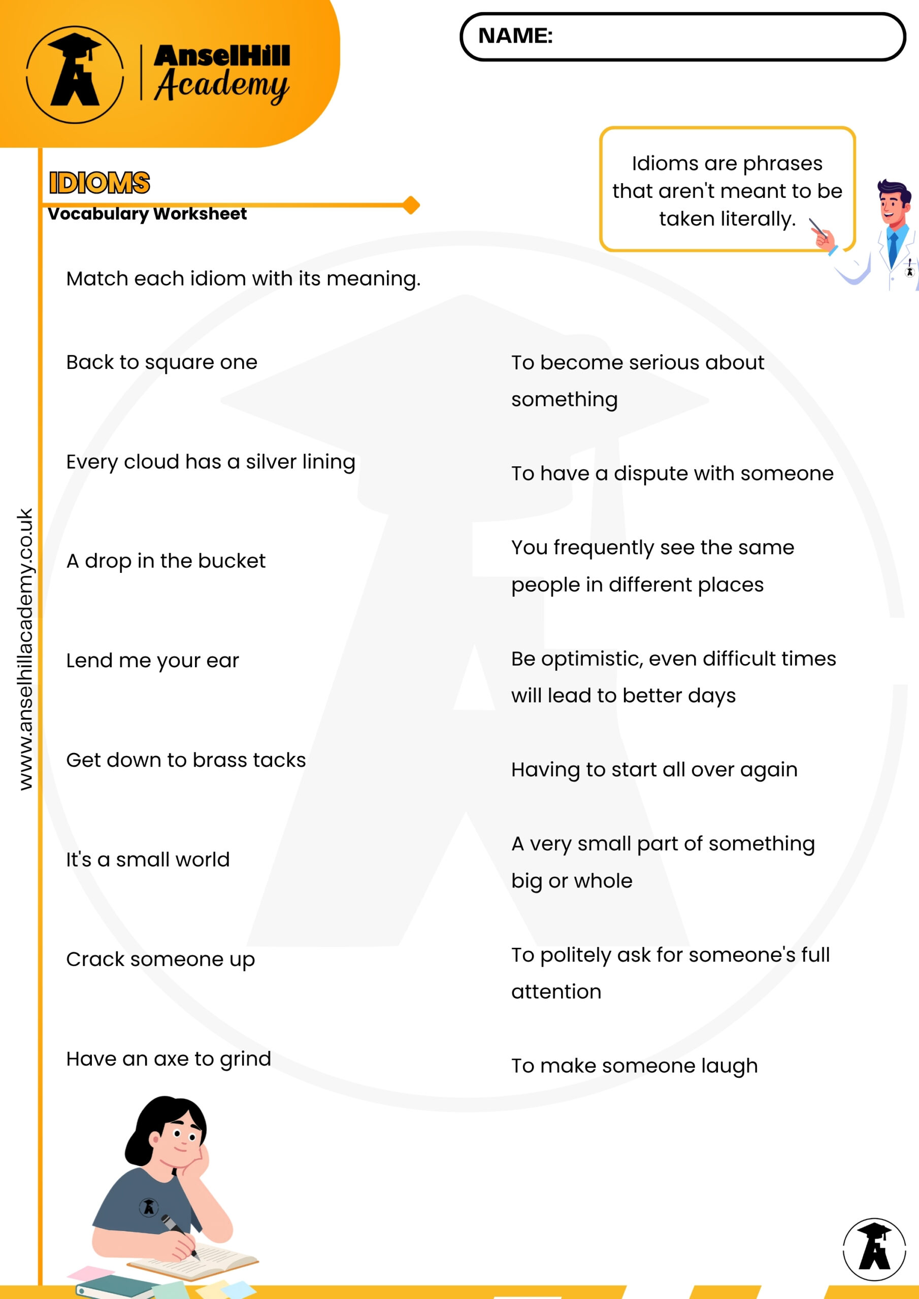 Common English Idioms: Matching Vocabulary Worksheet & Answer Key - Image 2