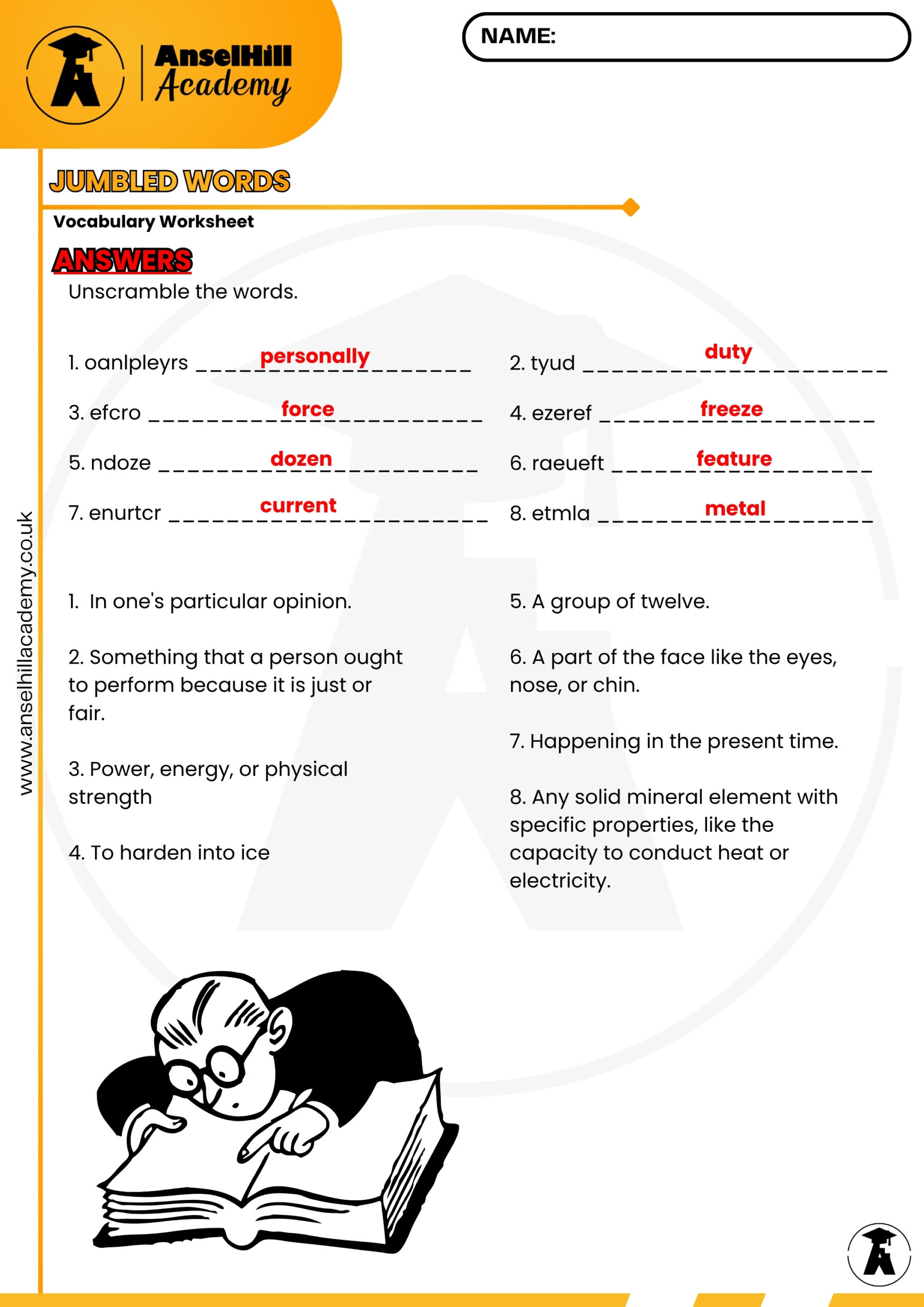 Jumbled Words: Anagram & Definition Clue Vocabulary Worksheet (with Answer Key) - Image 3