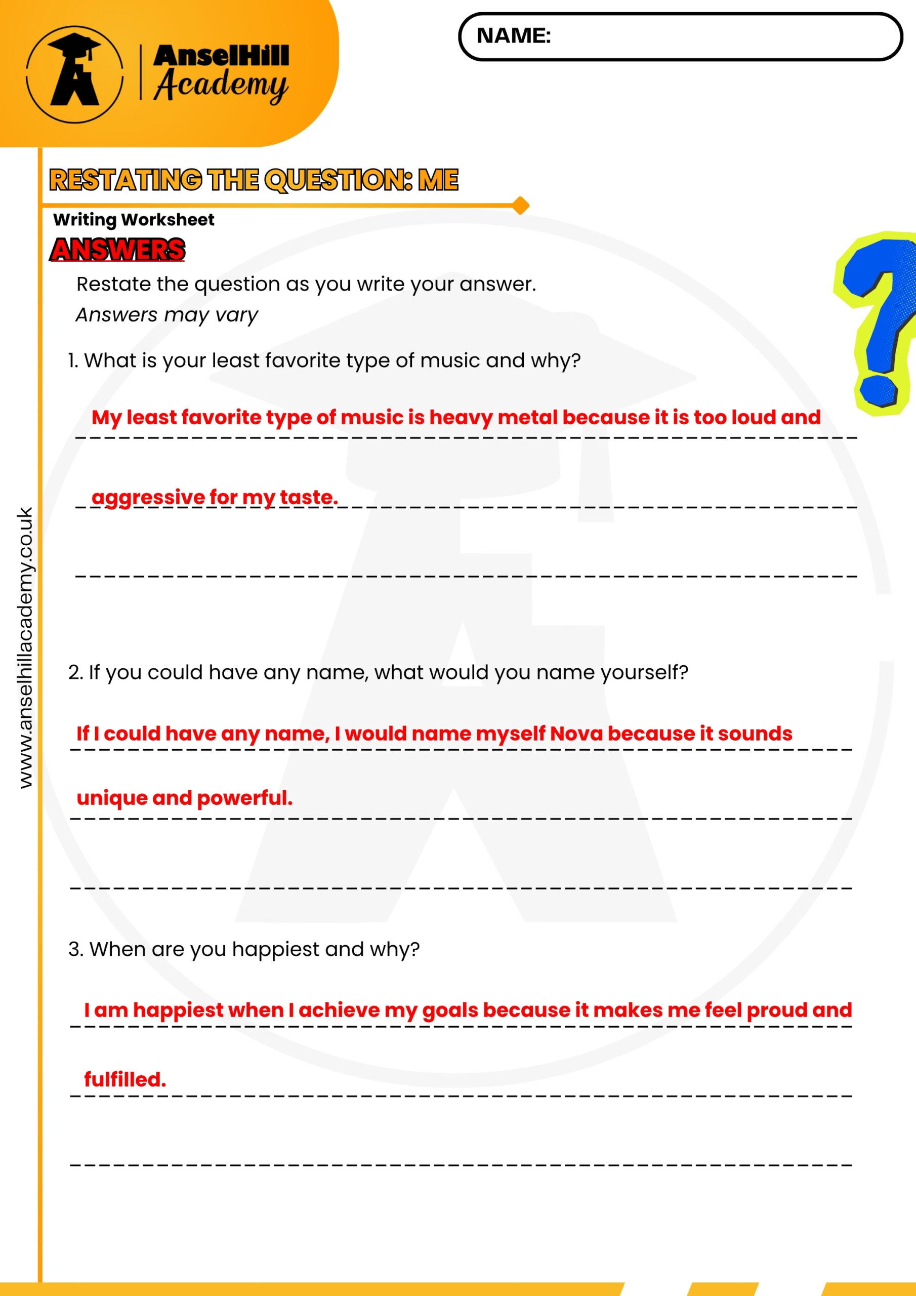 Restating the Question (PQA): Complete Sentence Writing Worksheet & Answer Key - Image 2