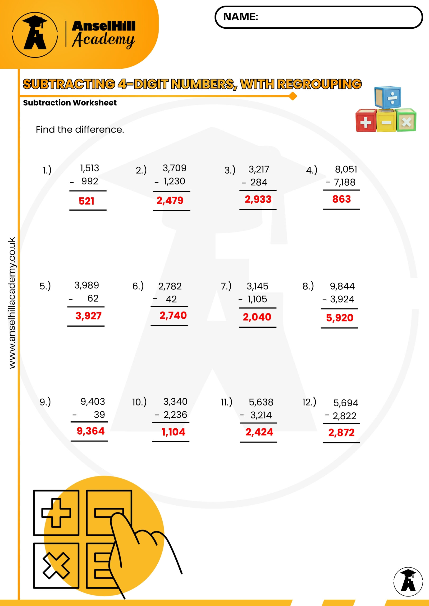 Subtracting 4-Digit Numbers with Regrouping: Subtraction Worksheet & Answer Key - Image 2
