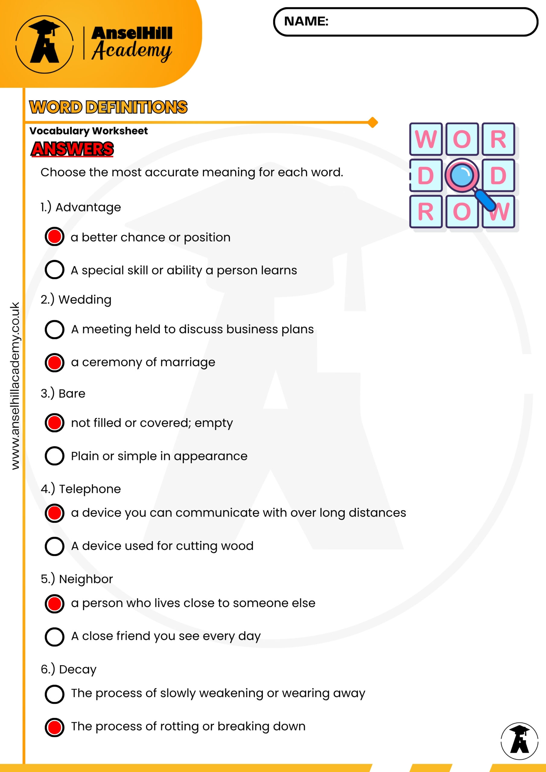 Word Definitions: Vocabulary Building Worksheet - Image 2