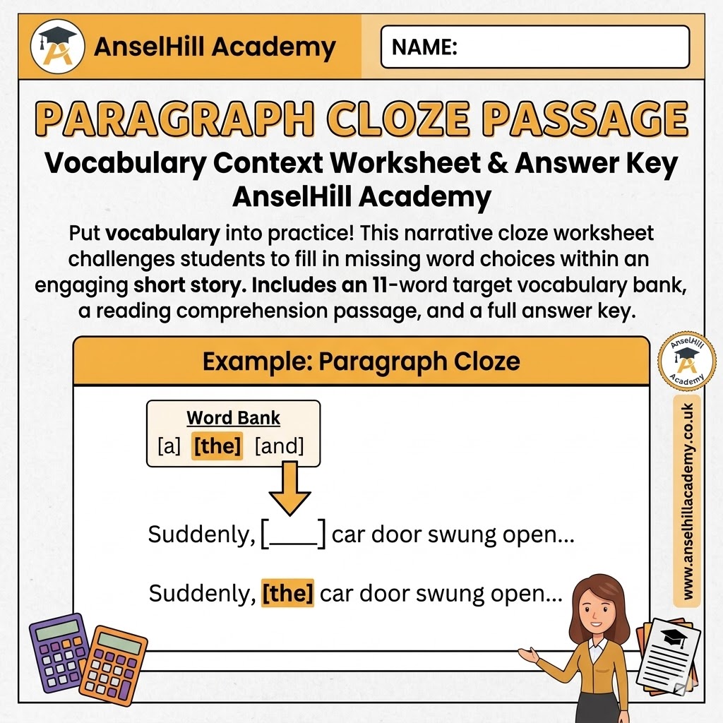 Paragraph Cloze Passage: Vocabulary Context Worksheet & Answer Key