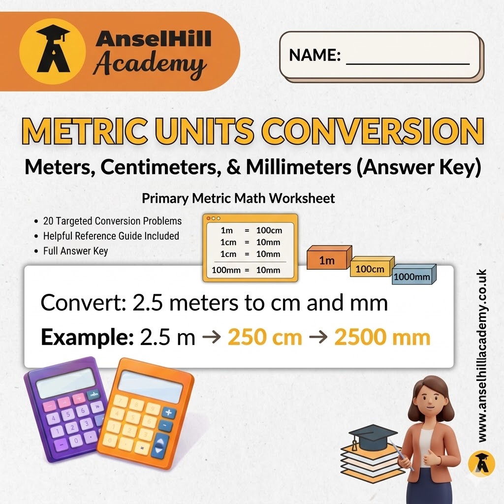 Metric Units Conversion Worksheet: Meters, Centimeters, & Millimeters (with Answer Key)