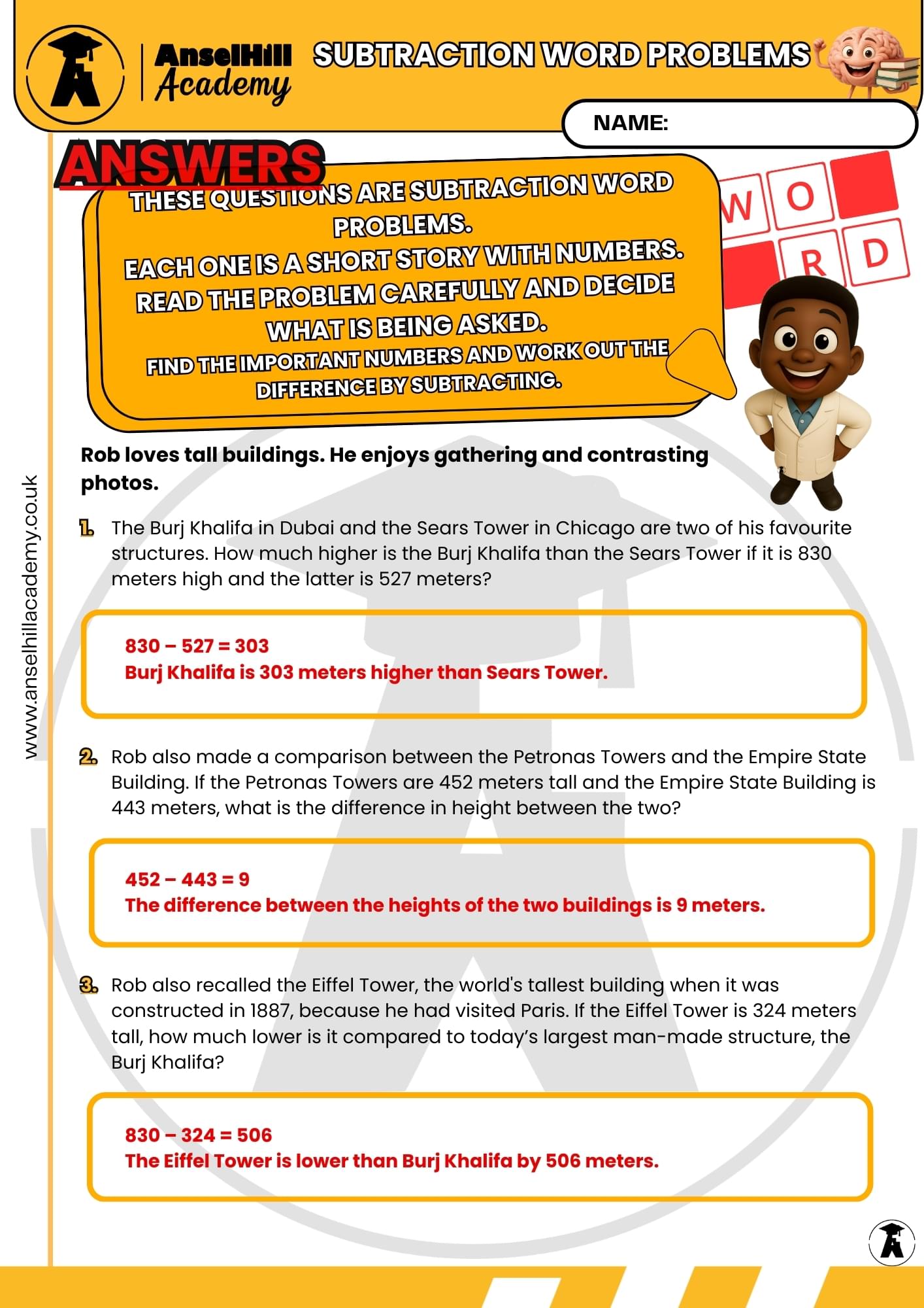 Subtraction Word Problems: World Landmarks Edition - Image 3