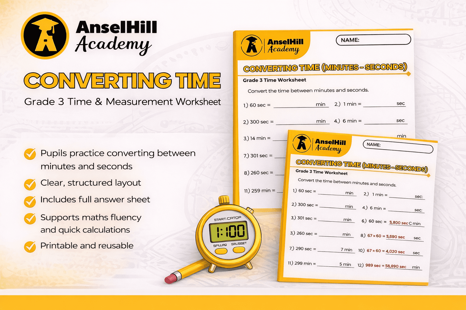 Converting Time (Minutes to Seconds) – Grade 3 Time