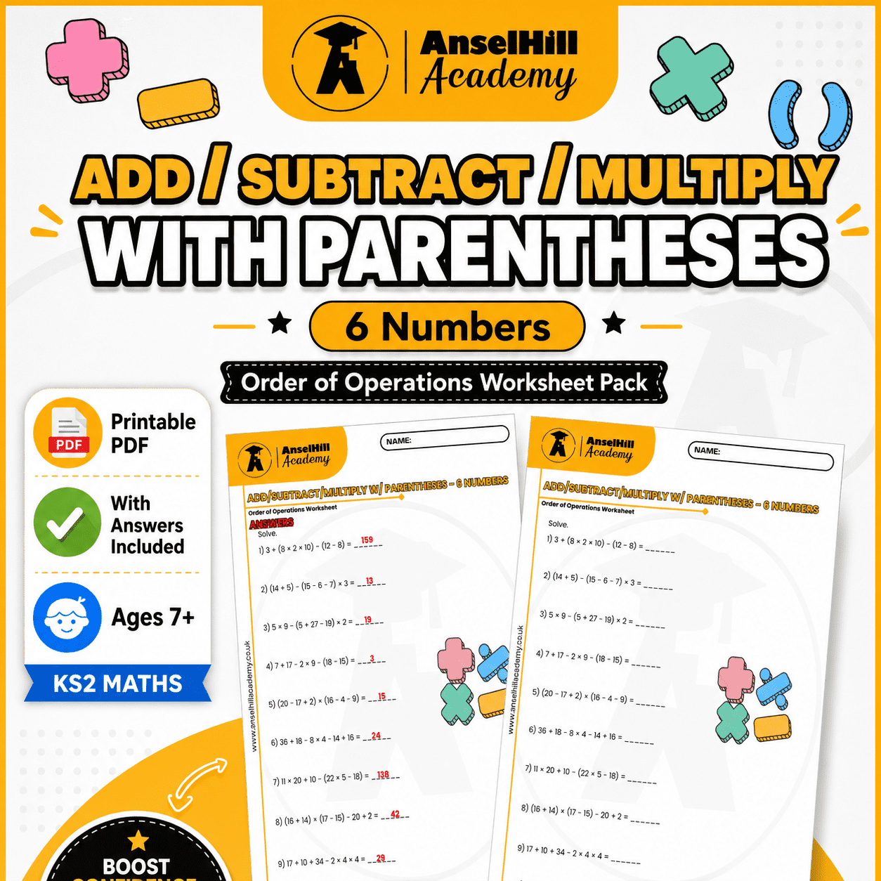 Order of Operations with Parentheses: Multi-Step Mixed Arithmetic Worksheet & Answer Key