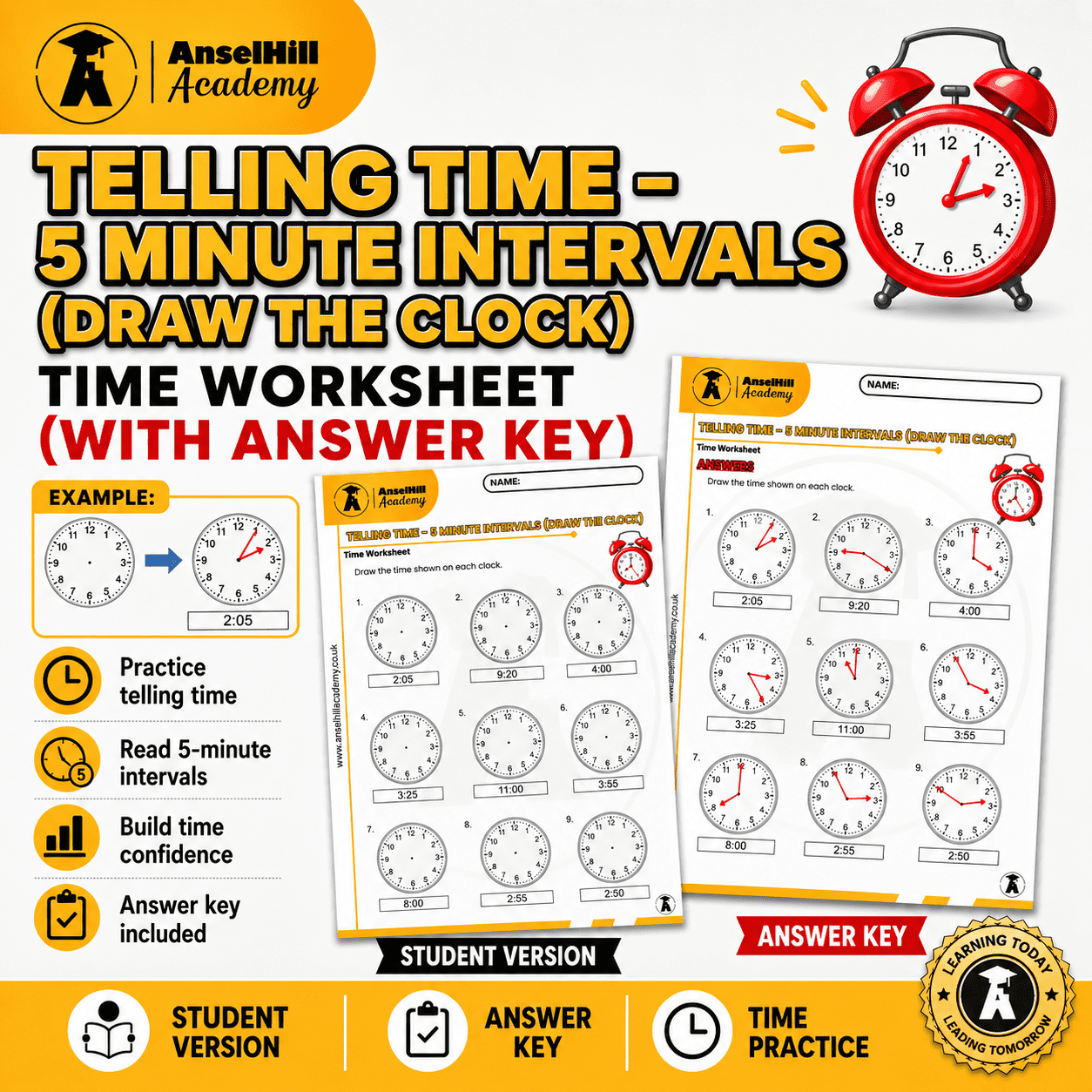 Telling Time ? 5 Minute Intervals (Draw the Clock)