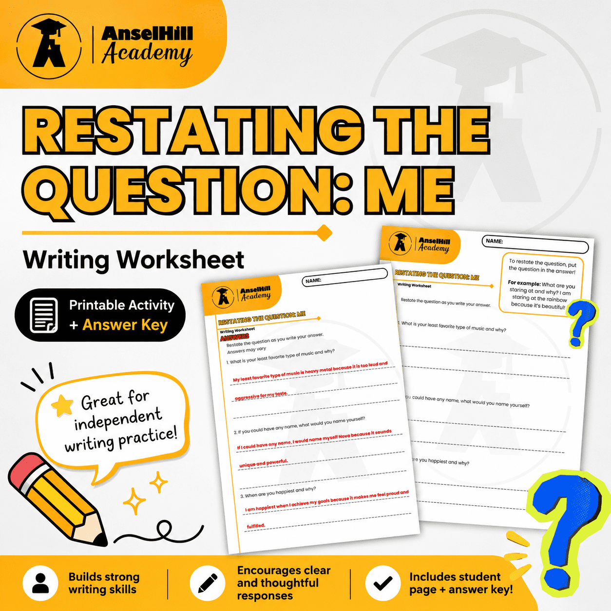 Restating the Question (PQA): Complete Sentence Writing Worksheet & Answer Key